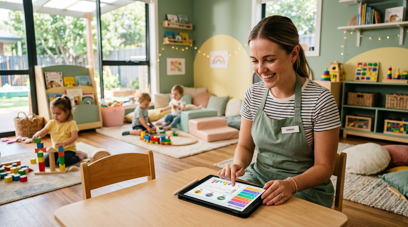 Educadora utilizando la agenda digital de Gateamos en tablet dentro del aula de escuela infantil